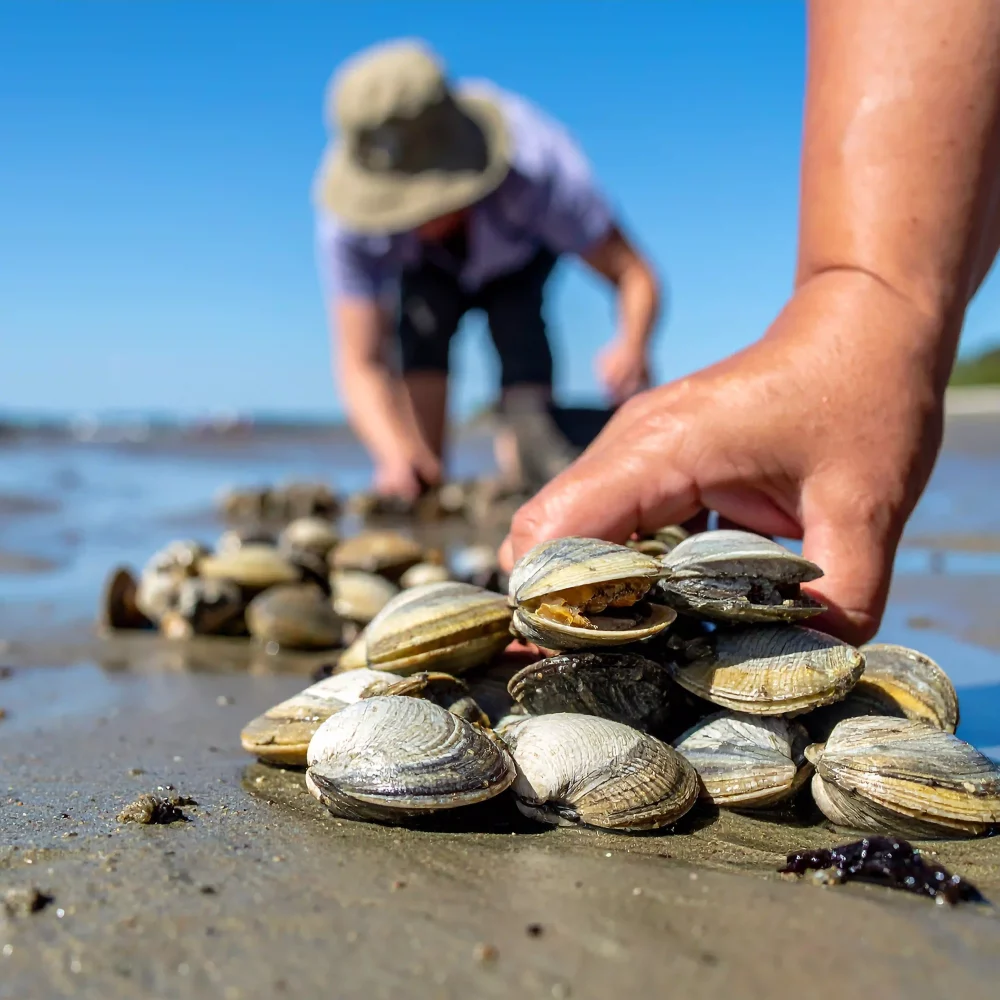 Récolte de palourdes sur la plage